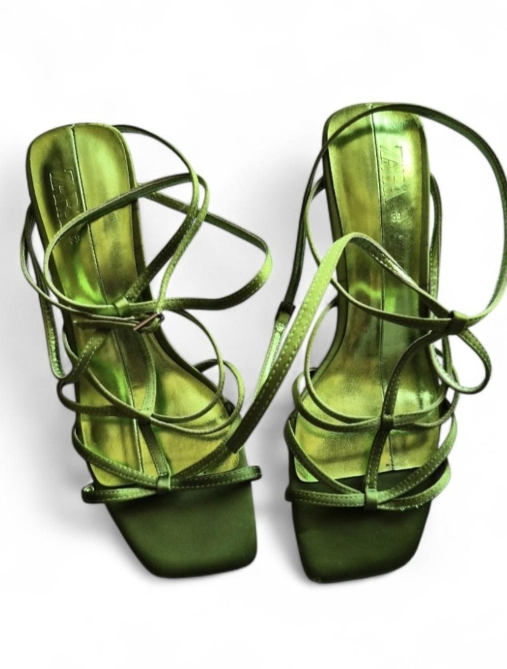 Zara Metallic Green Strappy Kitten Heeled Sandals Size 39